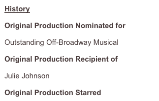 History 

Original Production Nominated for 
Outer Critics Circle Award
Outstanding Off-Broadway Musical

Original Production Recipient of 
Theatre World Award
Julie Johnson

Original Production Starred J.K. Simmons